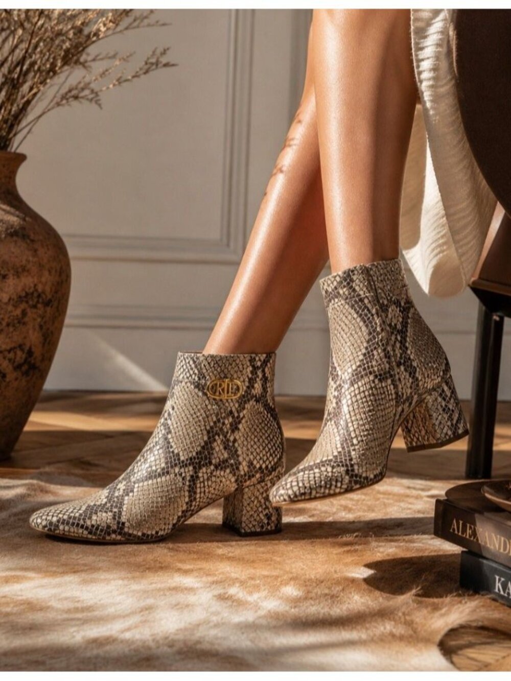 Ralph Lauren Wynne II Snake Print Leather Ankle Boots 10B Python Block Heel NIB - Picture 3 of 16